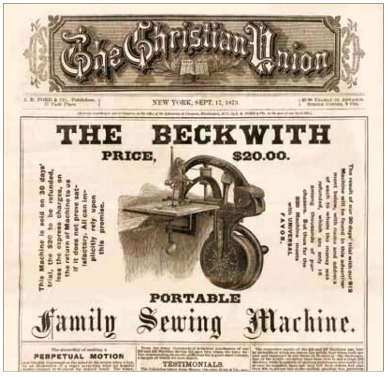 Beckwith's 10 dollar Family Sewing advertisment in The Christian Union.