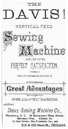 Davis Vertical Feed Sewing Machine Advertisement from 1879