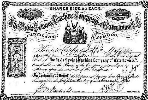 Davis Sewing Machine Company Stock Certificate