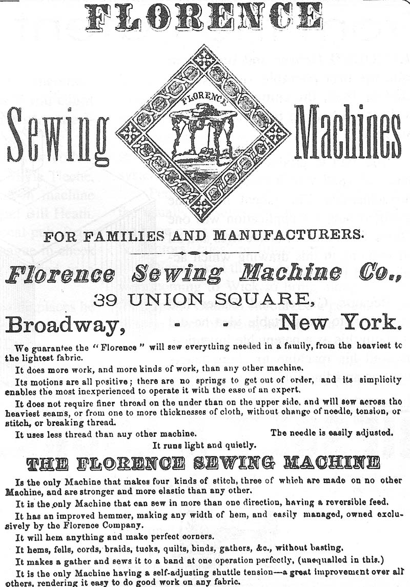 1870s Florence Sewing Machine Ad from America.