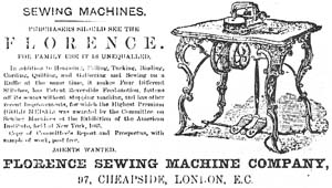 Early English Fancy-Leg Florence Sewing machine Advertisement.