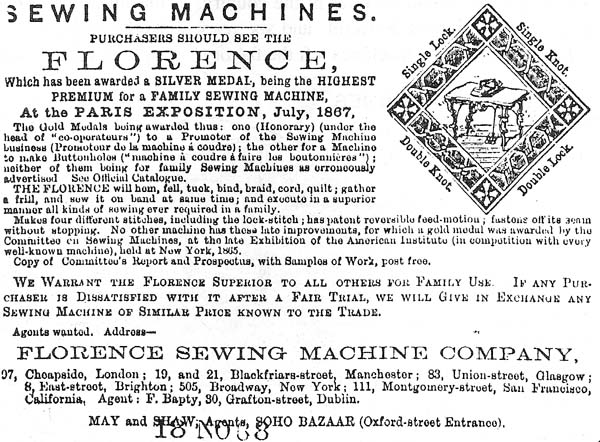 Florence Sewing Machine Advert from Queen Magazine - late 1860s.
