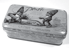 Pfaff Zwerge Dwarf Sewing Machine Attachment Tin with Signature