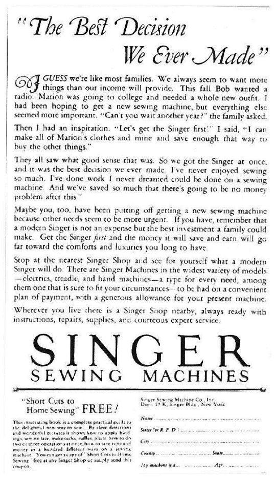 1926 Singer Sewing Machine Advertisement