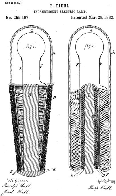 Philip Diehl's Induction Coil Lightbulb Patent Drawing