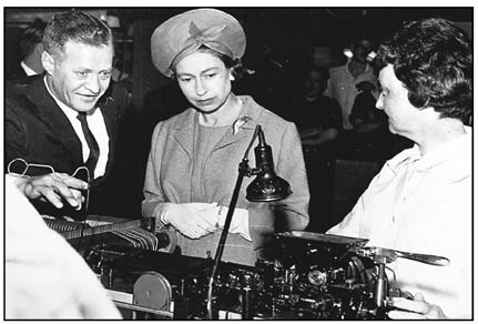 Queen Elizabeth opening a new sewing machine assembly line in 1965.