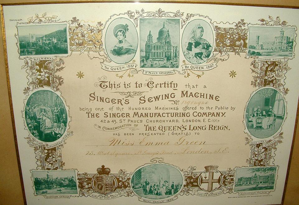 Queen Victoria Treadle Give Away Certificate