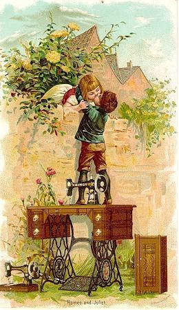 Vintage Singer Sewing Machine Trade Card Boy and Girl Kissing