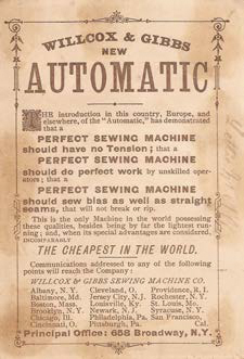 Back of Willcox and Gibbs New Automatic Trade Card