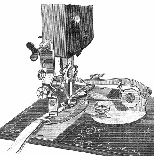 A scallop-edge sewing machine attachment on a Davis Vertical Feed