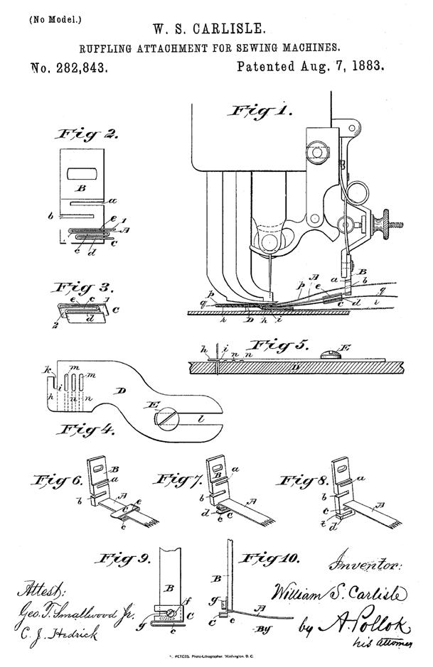 W.S. Carlisle Davis Sewing Machine Ruffler Attachment Patent Drawing from 1883