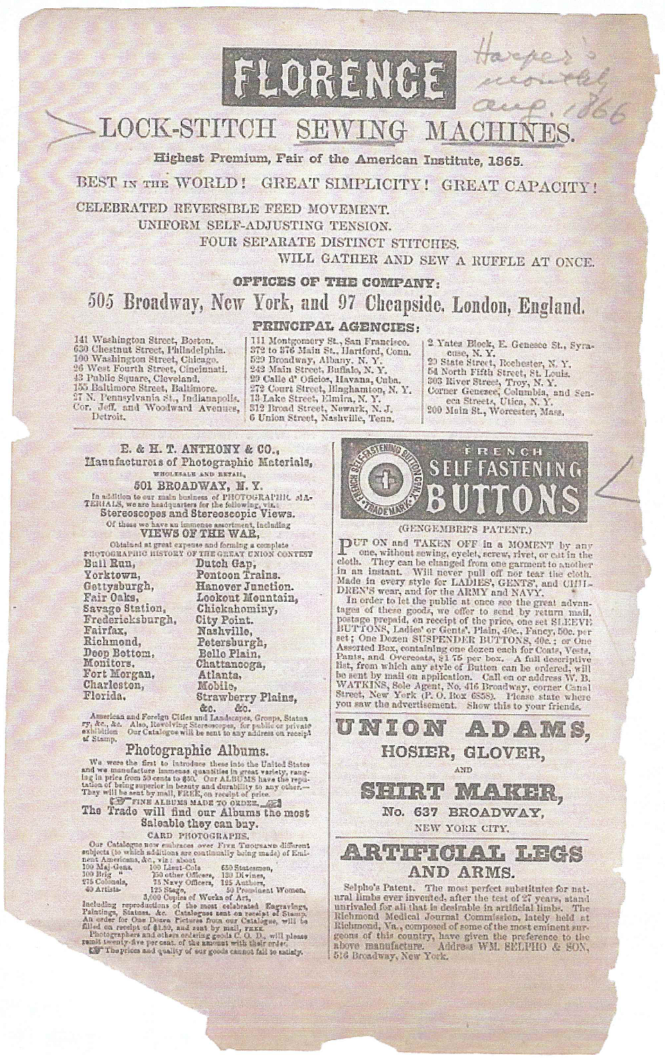 Harper's 1866 Advertisement for the Florence Sewing Machine