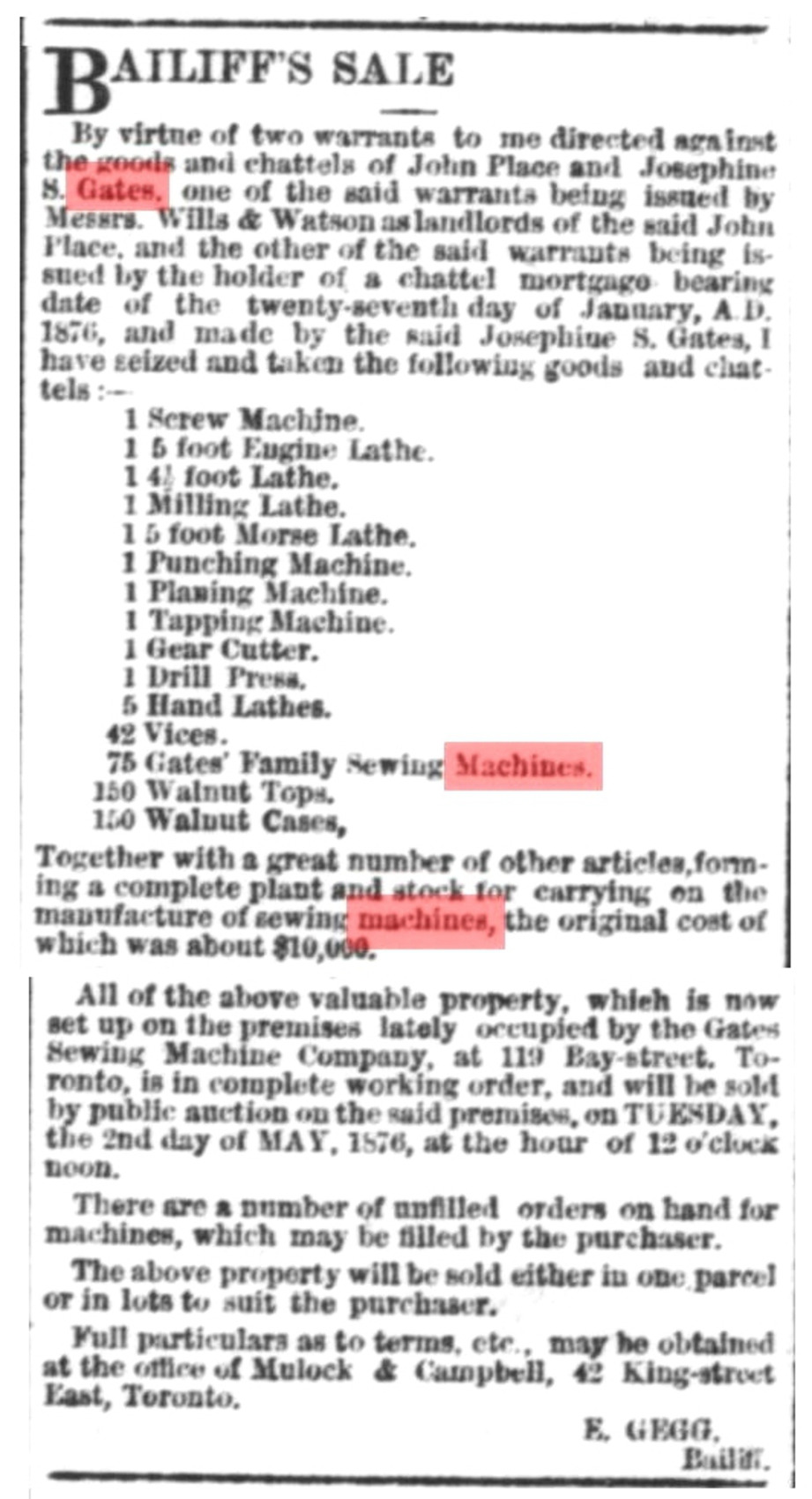 Notice of Bailiff’s sale after Gates’s death, The Globe Newspaper, Toronto, April 29th 1876