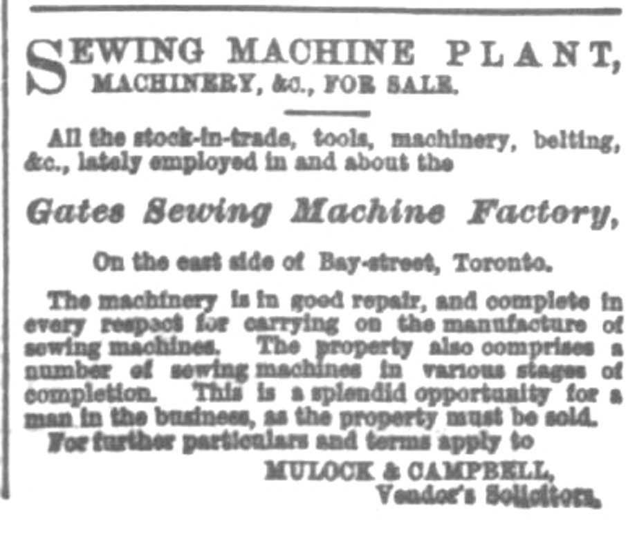 Notice of the sale of Gates’s factory, The Globe Newspaper, Toronto, June 6th 1876