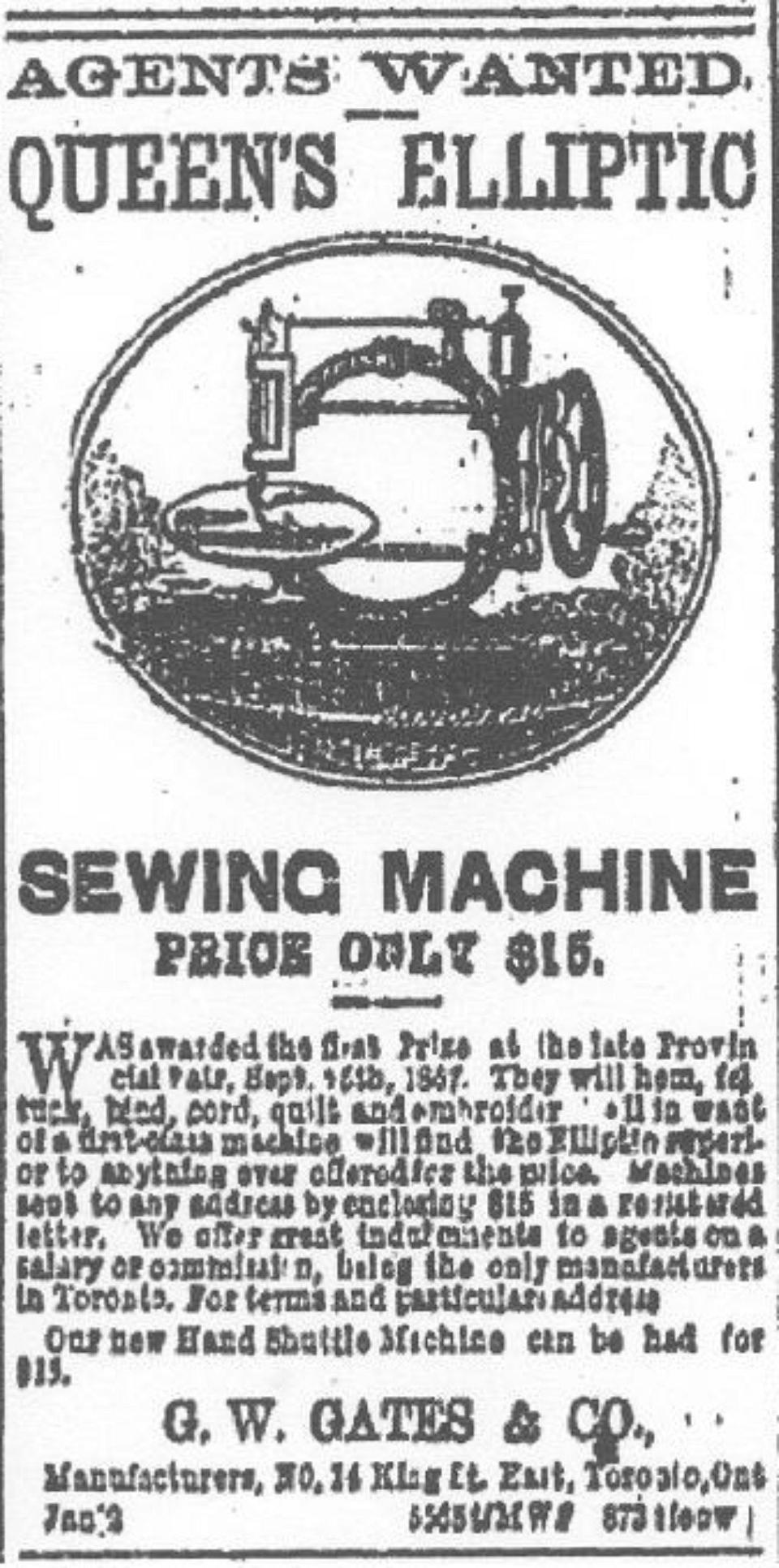 Advertisement for agents to sell the ‘Queen’s Elliptic’, The Globe Newspaper, Toronto, February 21st 1868
