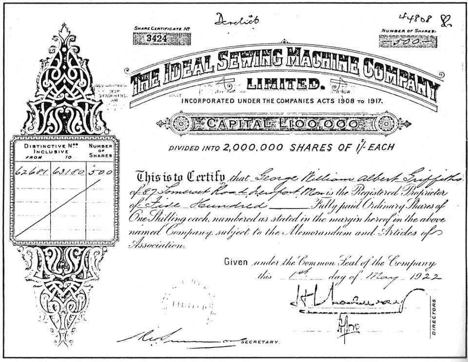 An Ideal Sewing Machine Share Certificate