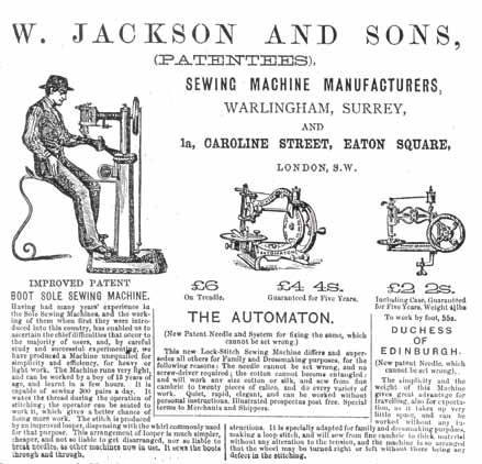 1870s Advertisement for Jackson & Son's sewing machines.