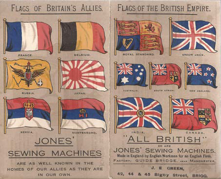 Jones Sewing Machine Trade Card showing flags of the British empire and allies.