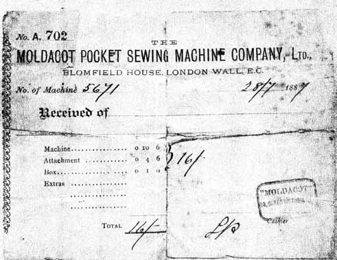 A sales receipt for a Moldacot Sewing Machine