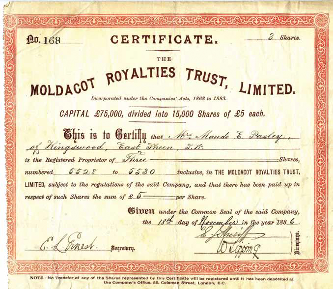 Moldacot Sewing Machine Share Certificate