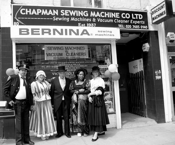 Old Sewing Machine Guy Cyril Chapman dresses in an elegant frock.