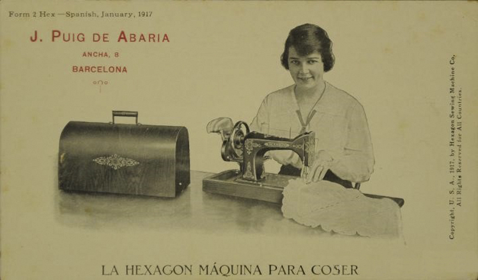 A common Hexagon Number 1 Sewing Machine Advertisement - with translation errors.
