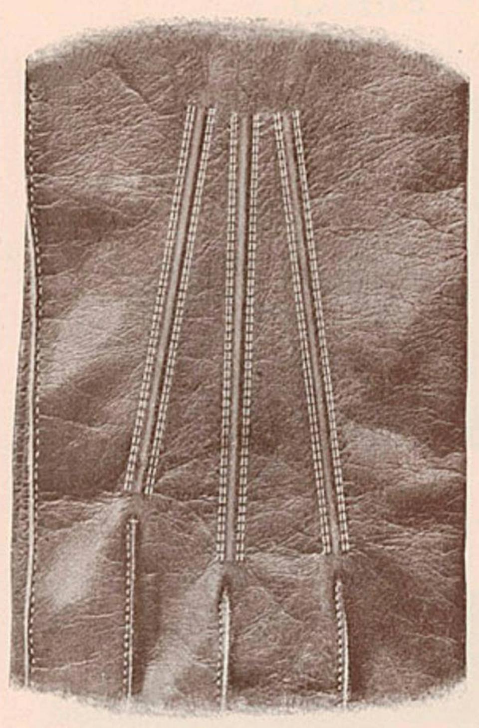 Photographic reproduction of the work of the Singer 37-4 Sewing Machine on a kid glove.