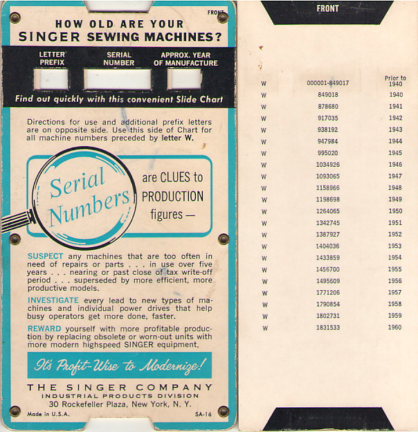 Singer W Series Serial Number Slide Chart Front