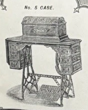 Union sewing table, No. 5 case: six drawers (three left, three right), with dropleaf and bonnet.