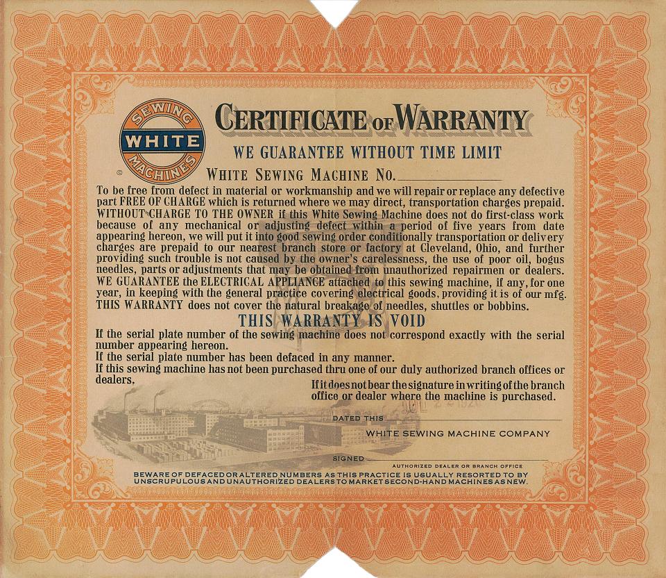 White Sewing Machine Lifetime Warranty Card