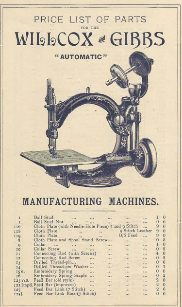 Willcox and Gibbs Automatic Sewing Machine Price and Part List